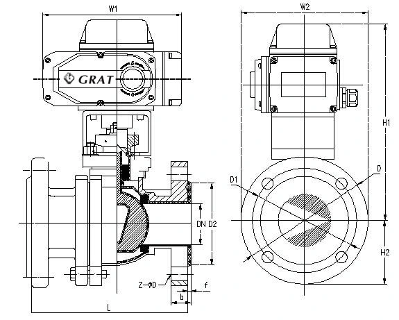 Valve à bille électrique au fluor de type V en acier inoxydable FEP avec raccordement à bride 1